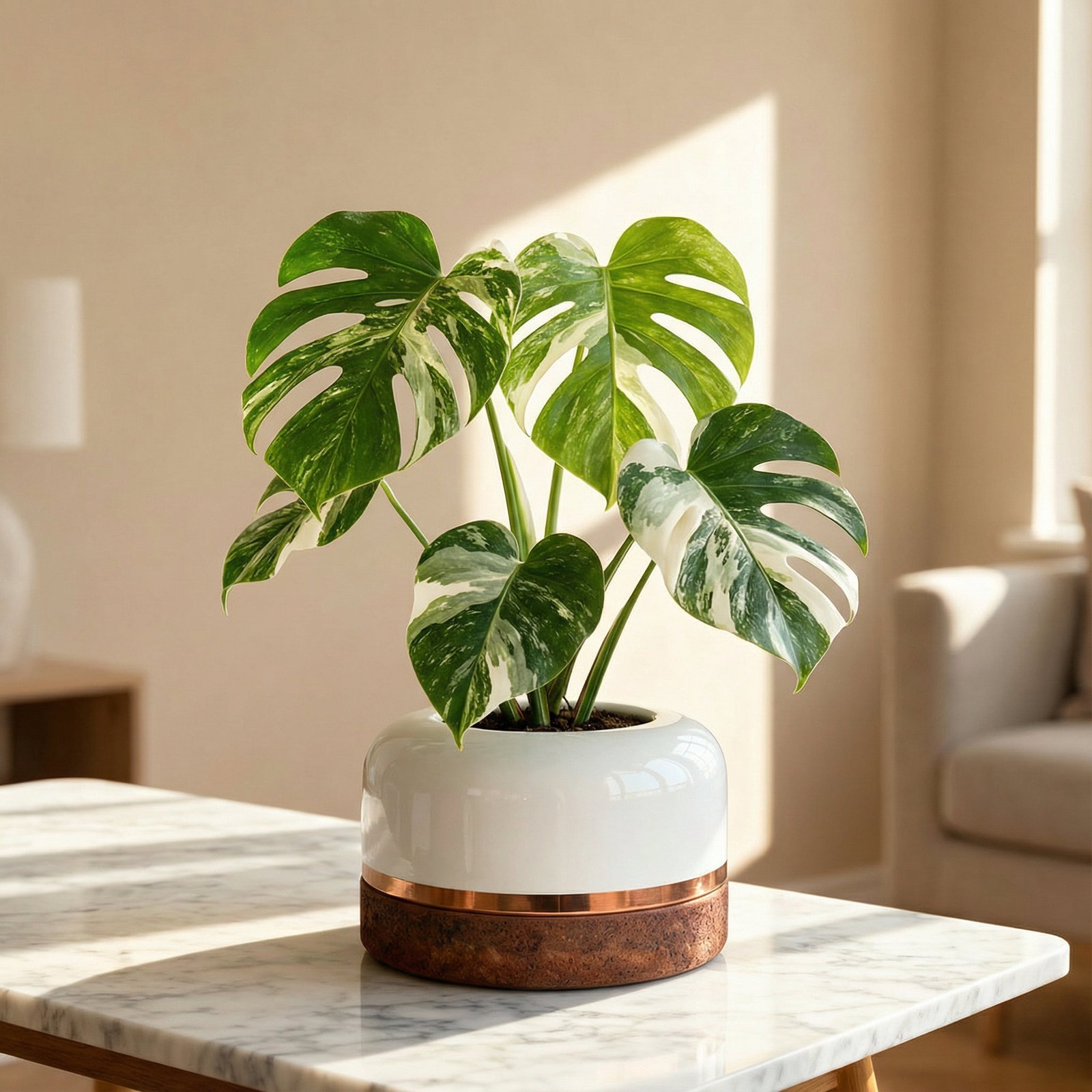 macetero elegante con monstera albo